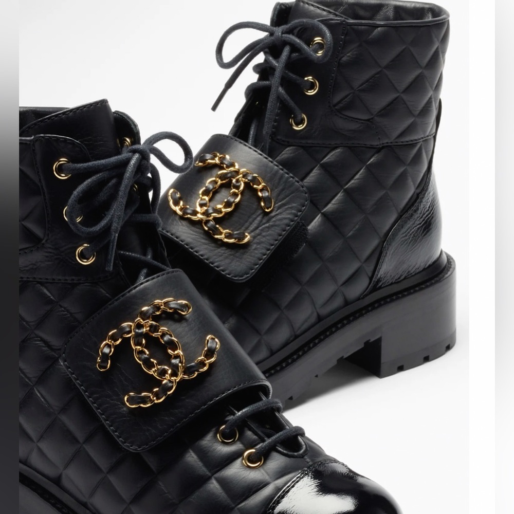 Chanel Lace Up Calfskin & Shiny Calfskin Leather Boots - Picture 7 of 16